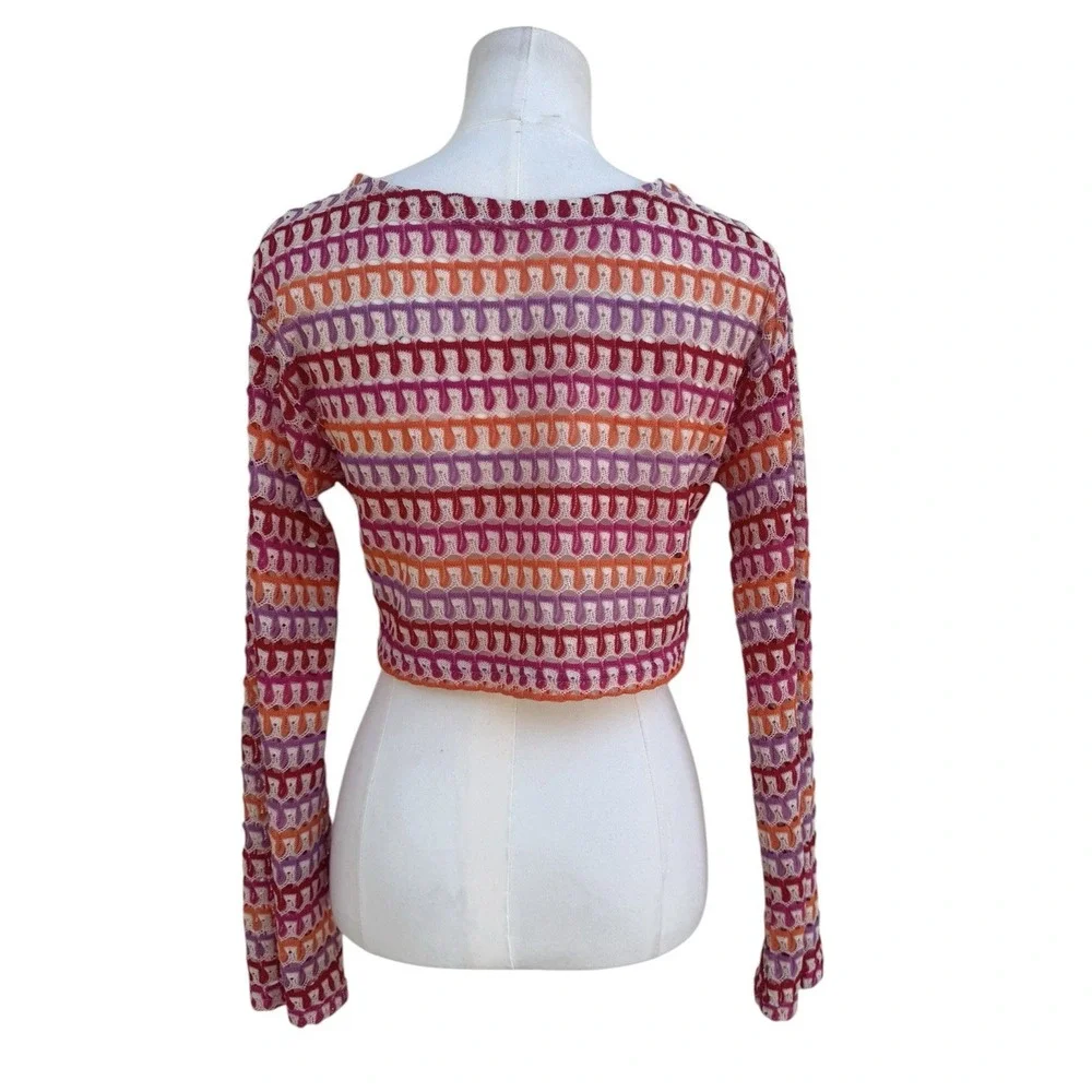 Womens Crochet Knit Crop Top Pink Orange Sheer Long Sleeve Beach Cover Up Boho